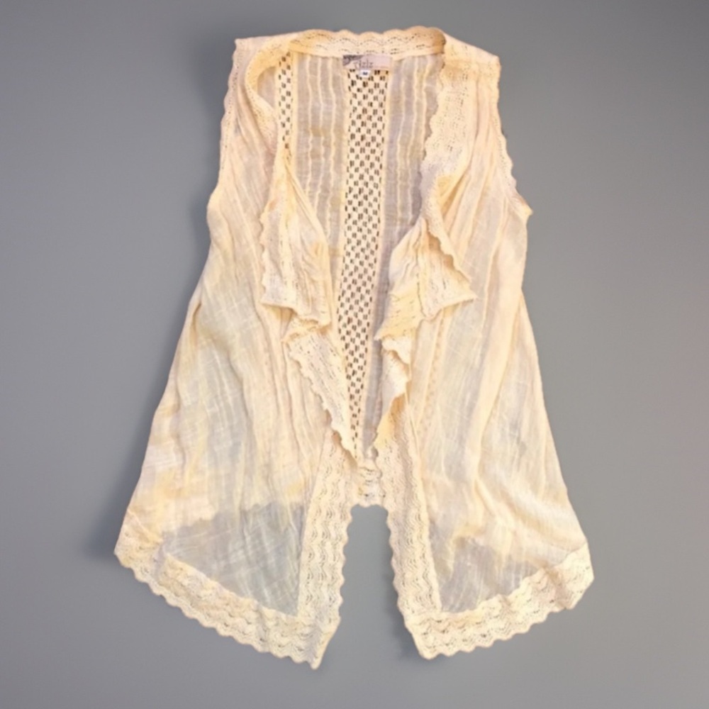 Boho Hippie CHIC Beige Draping Hi Low HiLo Sheer Sleeveless Vest Jacket L